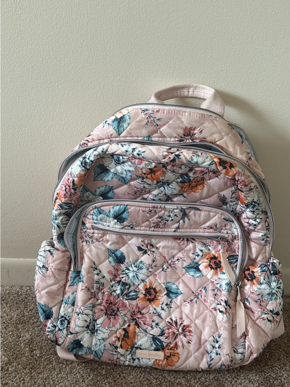 Vera Bradley Blush Pink Floral Quilted Backpack with Teal and Orange Accents